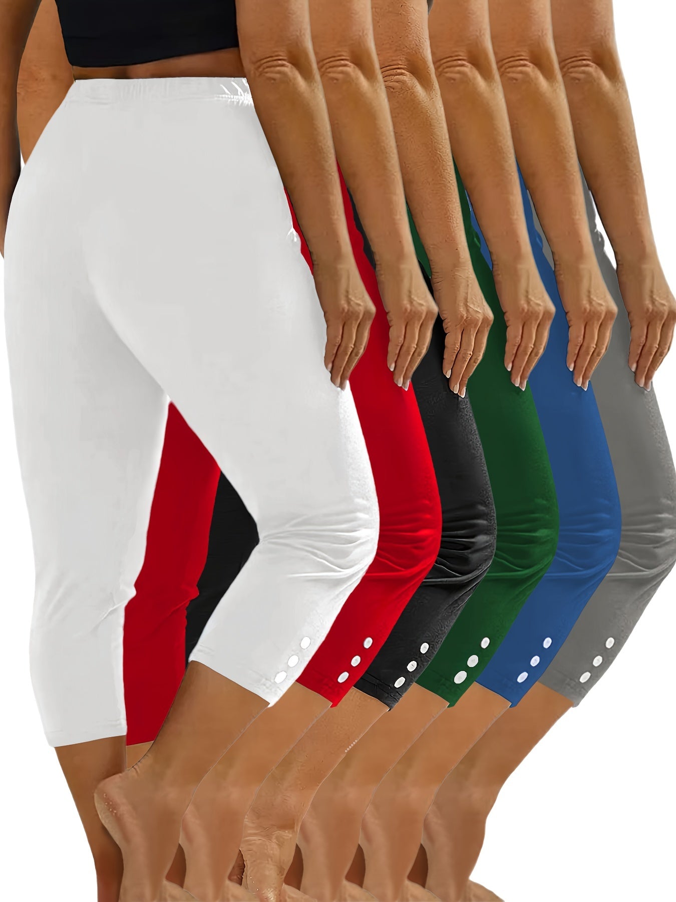 Paquete de 6 leggings cortos deportivos de moda para mujer, pantalones de yoga ajustados informales con detalles de botones, ropa deportiva elástica, varios colores