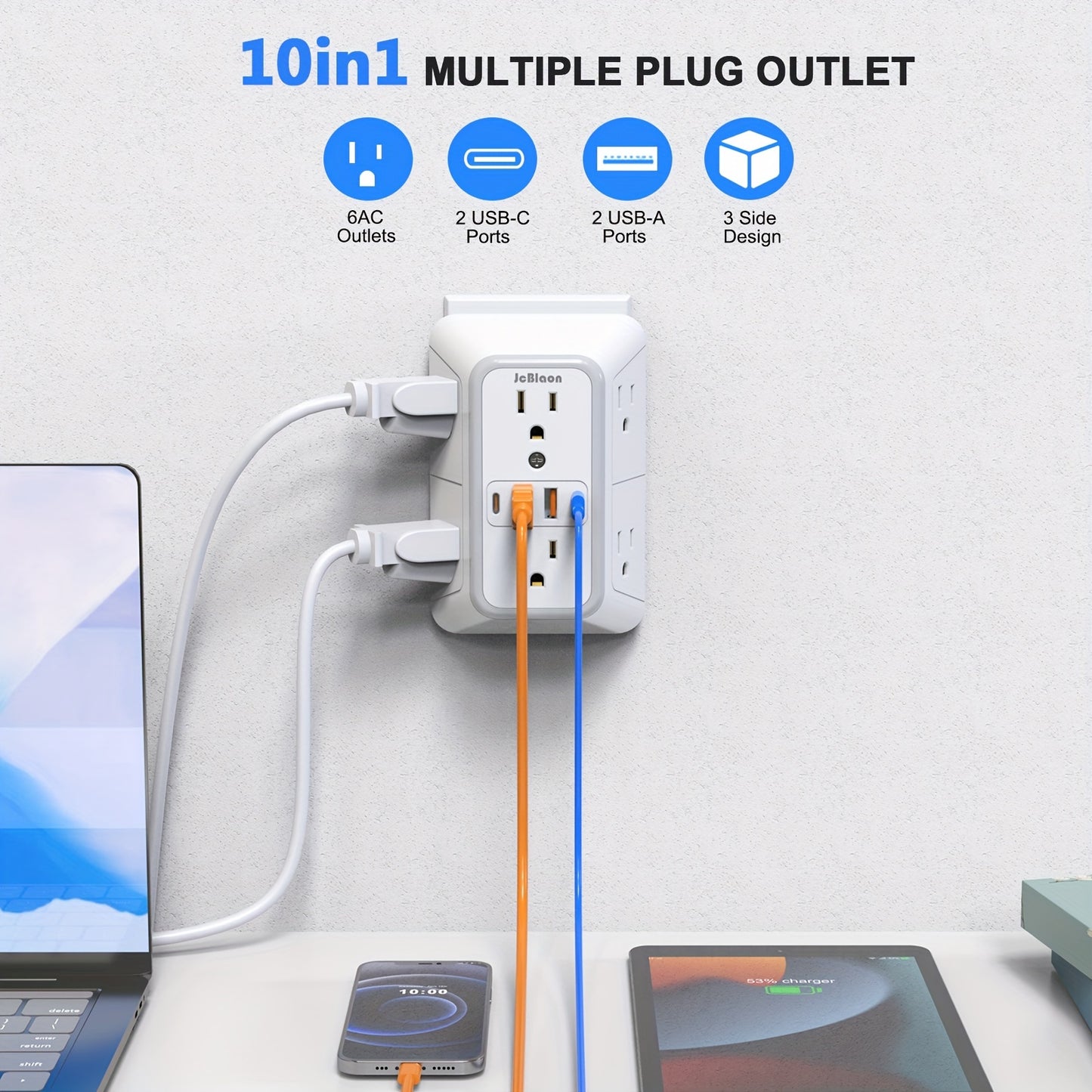 JcBlaon Protector contra sobretensiones de 6 tomacorrientes con 4 puertos USB - Cargador de pared para el hogar, la oficina, viajes | Diseño de enchufe múltiple