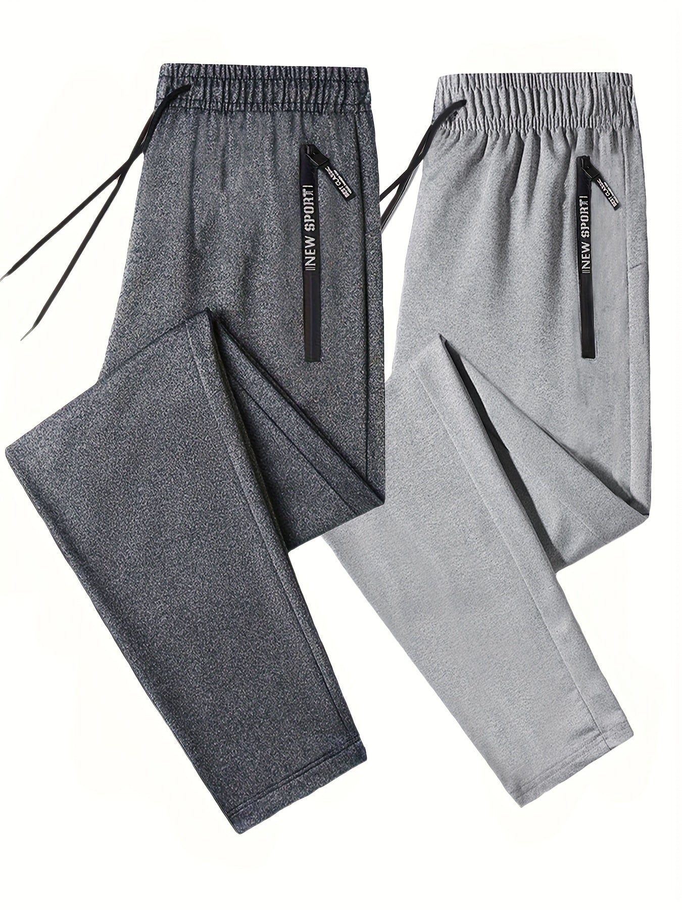 Conjunto de 2 pantalones deportivos lisos con puños y corte regular para hombre, bolsillos con cremallera y cordón con estampado de letras, pantalones deportivos para todas las estaciones, ropa deportiva y de gimnasio.