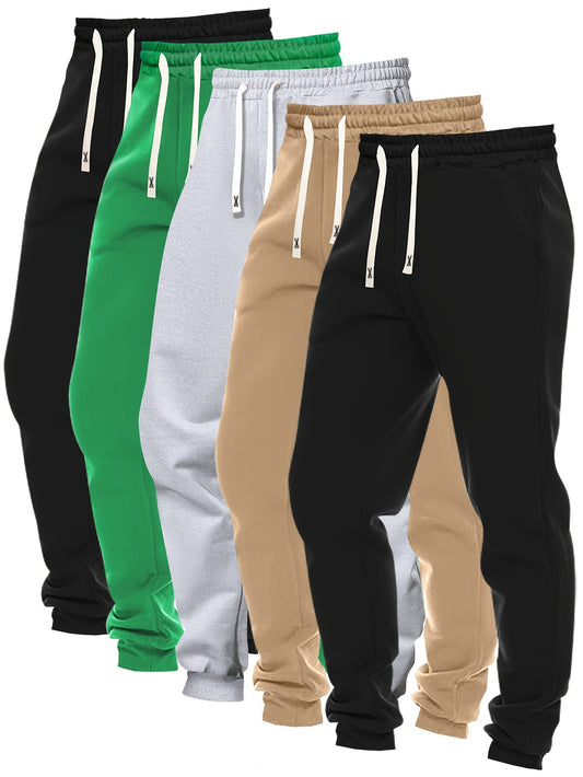 Conjunto de 5 pantalones deportivos de color liso para hombre, ajustados y con puños, con cordón y bolsillos, pantalones casuales adecuados para correr y para uso deportivo al aire libre