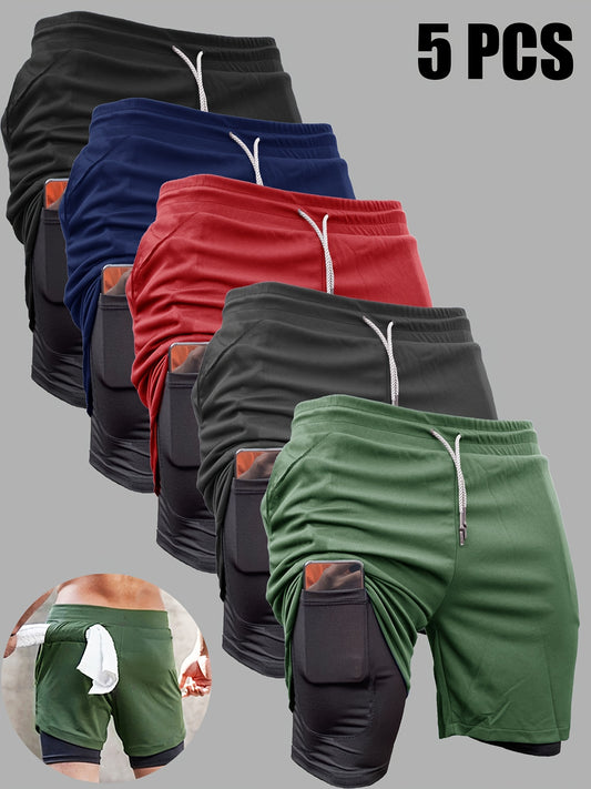 Pantalones cortos de doble capa 2 en 1 para hombre, 5 uds., con bolsillo interior, pantalones cortos deportivos de alta elasticidad para entrenamiento de gimnasio de verano