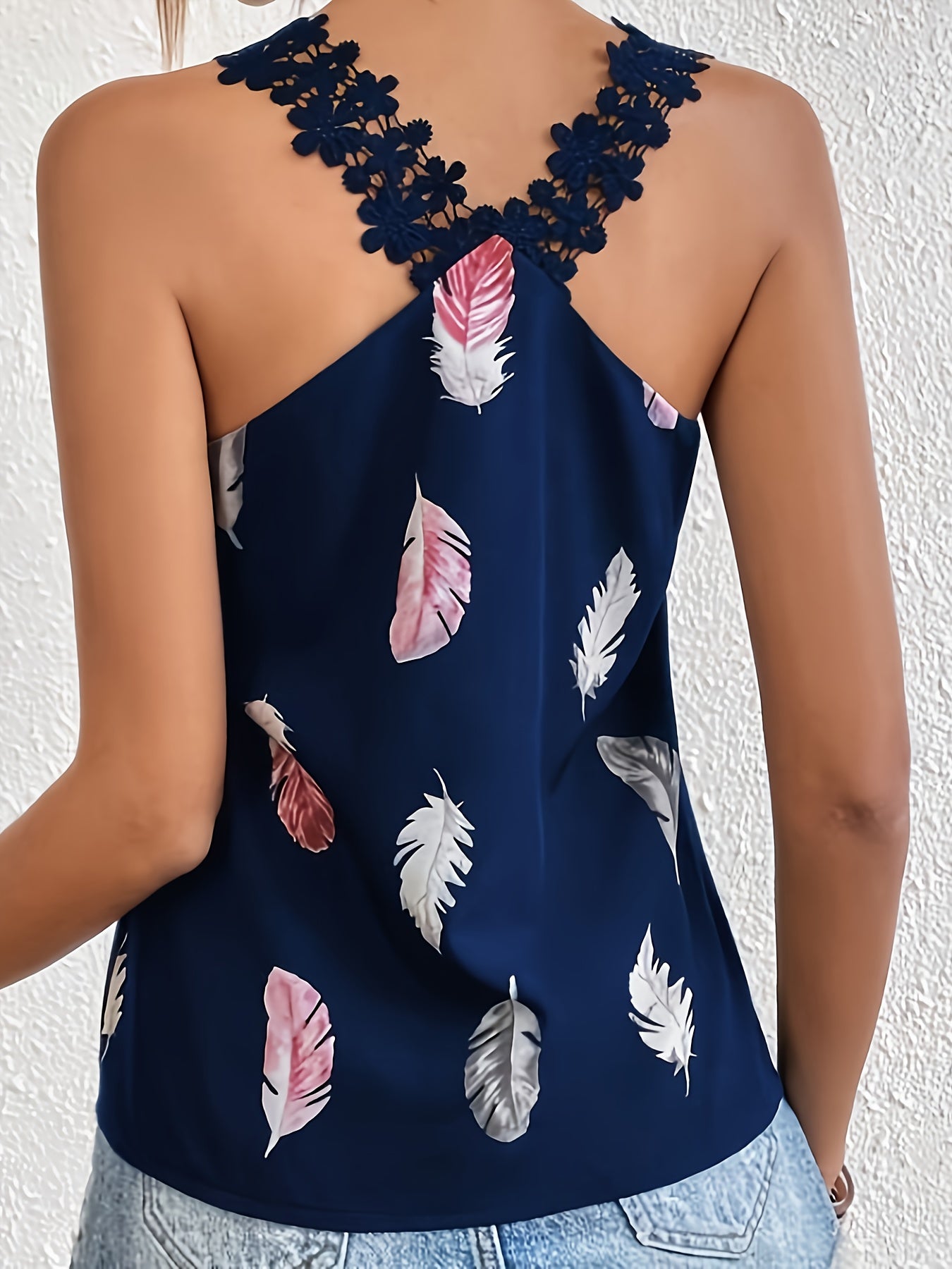 Camiseta sin mangas de encaje con estampado de plumas, camiseta sin mangas informal con cuello en V para verano, ropa de mujer