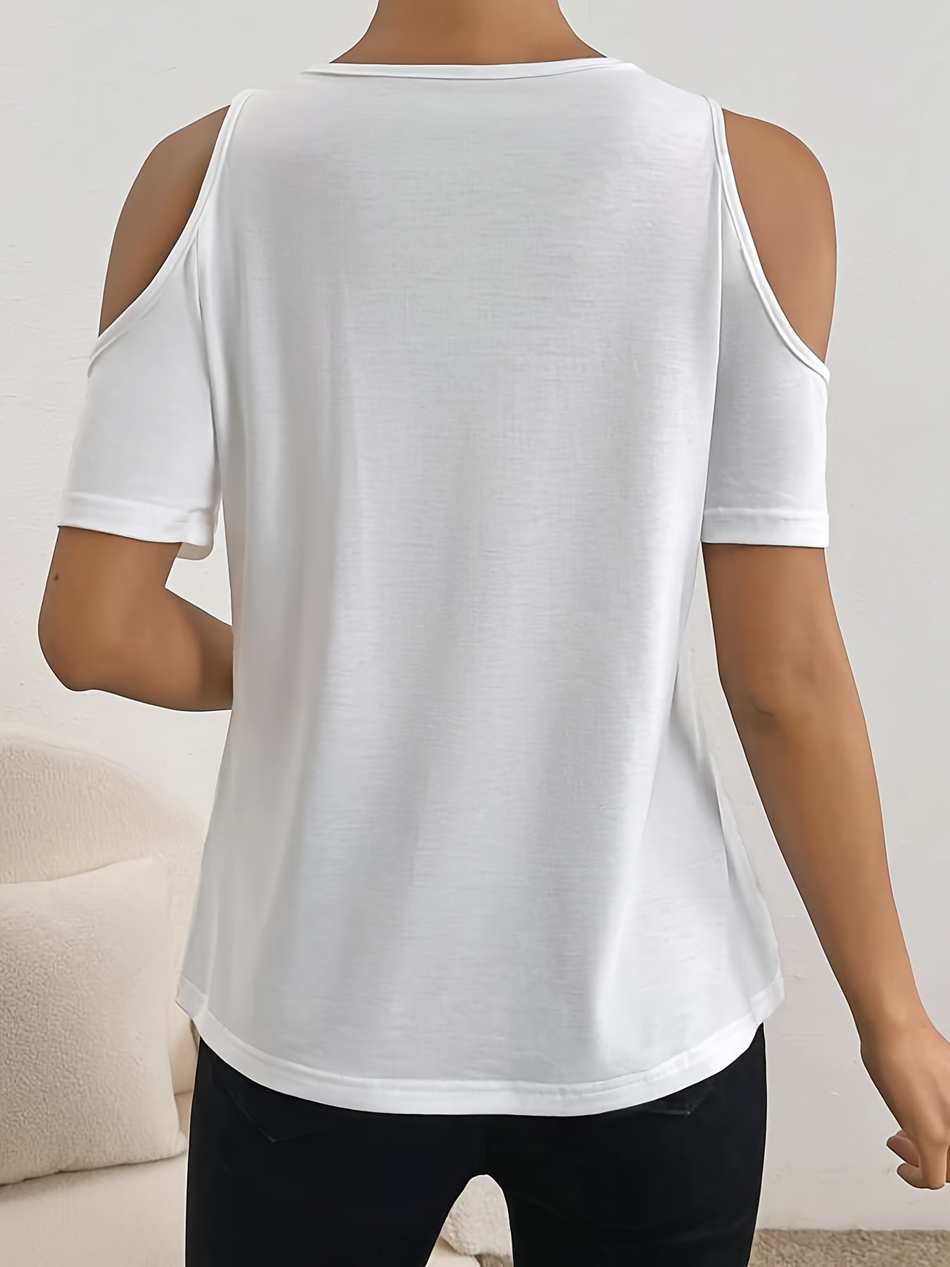 Camiseta con cuello en V y hombros descubiertos, camiseta informal de manga corta con ribete de encaje para primavera y verano, ropa de mujer