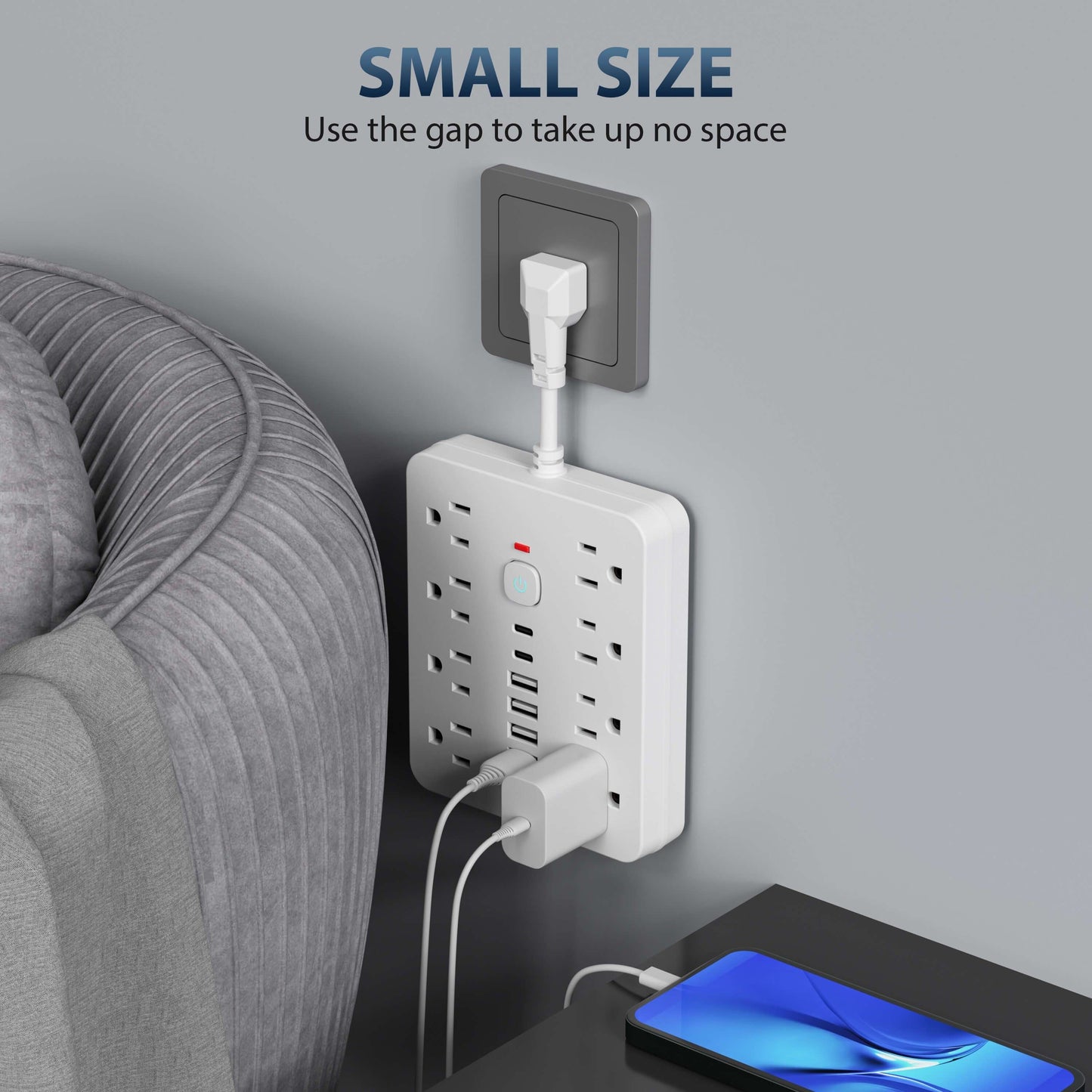 1 regleta multifuncional con interruptor y protección contra sobretensiones. Equipado con 8 tomas de corriente, 4 USB y 2 TYPE-C. Toma de corriente 14 en 1 para oficina, hogar y viajes. En blanco y negro.