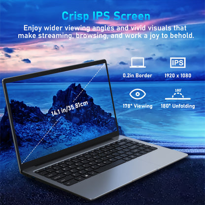 Computadora portátil Auusda con 8GB LPDDR4 256GB SSD, Intel Celeron J4125 hasta 2,5 GHz, 35,81 cm 1920x1080 IPS, cámara web, Mini HD, USB-A X 2, ranura para tarjeta Micro SD, Windows 11 Pro