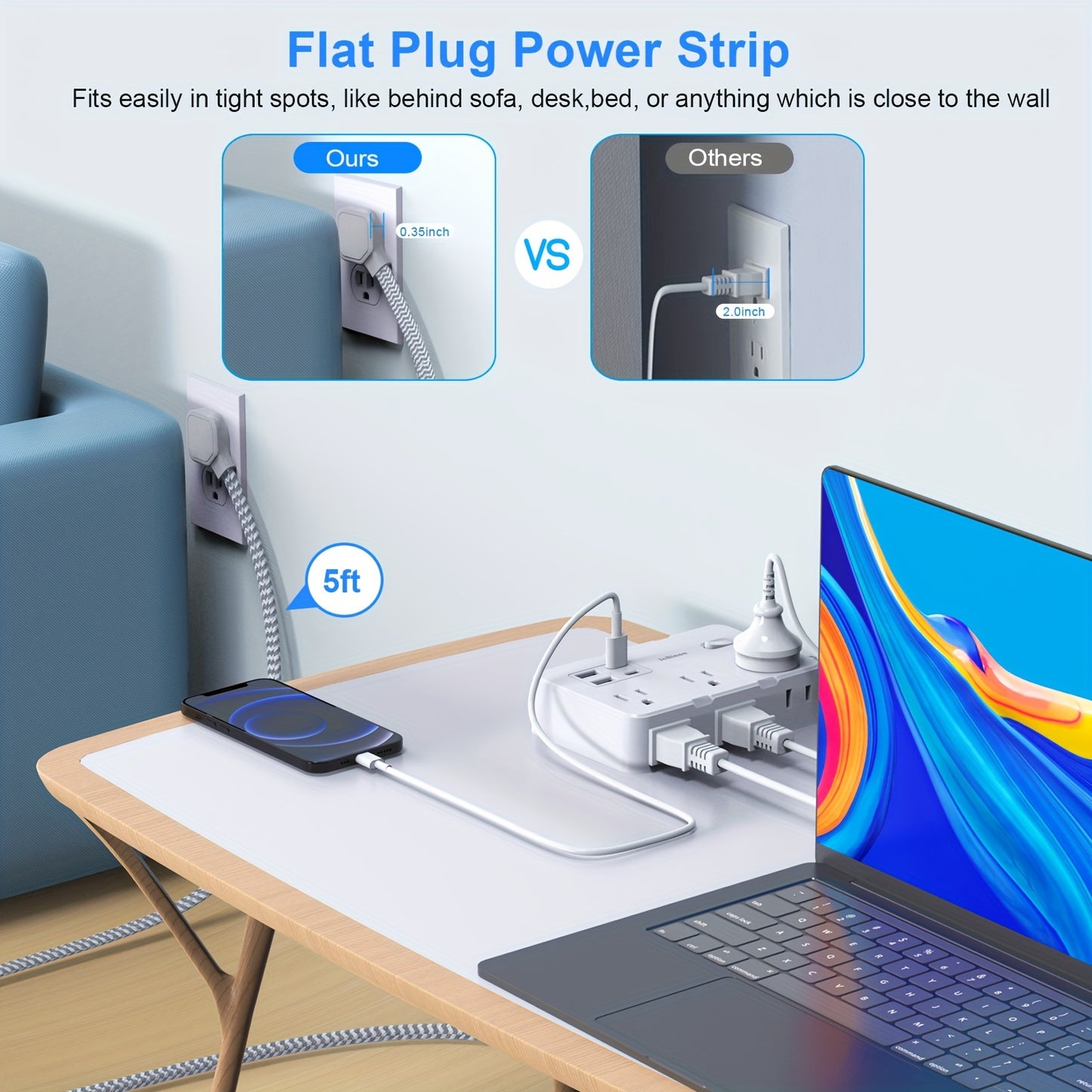 Protector de sobretensiones con regleta de 8 tomas, con cable de extensión trenzado de 152,4 cm, enchufe plano, estación de carga USB.