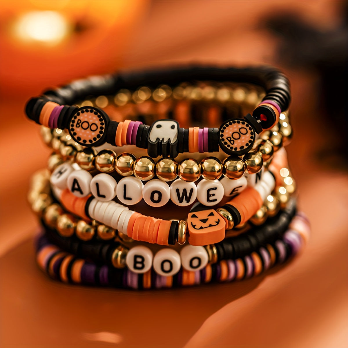 Nuevo ambiente transfronterizo de 7 piezas, conjunto de Halloween, pulsera con cuentas de arcilla polimérica con cabeza Retro picante y fresca de calabaza