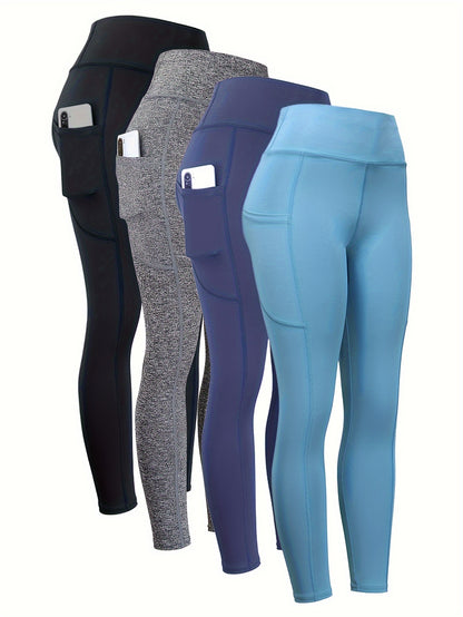 4 leggings de yoga de cintura alta con bolsillo - Sin costuras, levantamiento de glúteos y elásticos - Ropa deportiva para mujer - Para otoño e invierno Pretina ancha