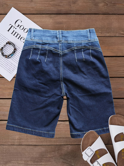 Bermudas de mezclilla elásticas con botones dobles, pantalones cortos de mezclilla lisos azules lavados con bolsillo oblicuo de talle alto, jeans y ropa de mezclilla para mujer