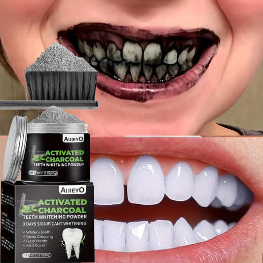 Polvo blanqueador de dientes con carbón activado AIJIEYO: abrillantador de dientes, limpieza profunda, blanqueamiento natural, limpiador de placa, refresca el aliento, sabor a menta, para uso diario