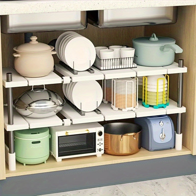 Organizador ajustable debajo del fregadero: acero inoxidable y plástico, estante de almacenamiento multicapa para gabinetes de cocina y baño, diseño que ahorra espacio.