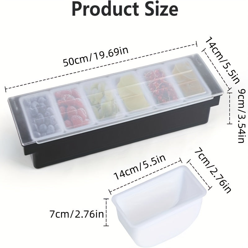 Caja de condimentos fríos enfriado con hielo, bandeja para servir de 6 compartimentos y contenedores dispensadores, bandeja de hielo con tapa.