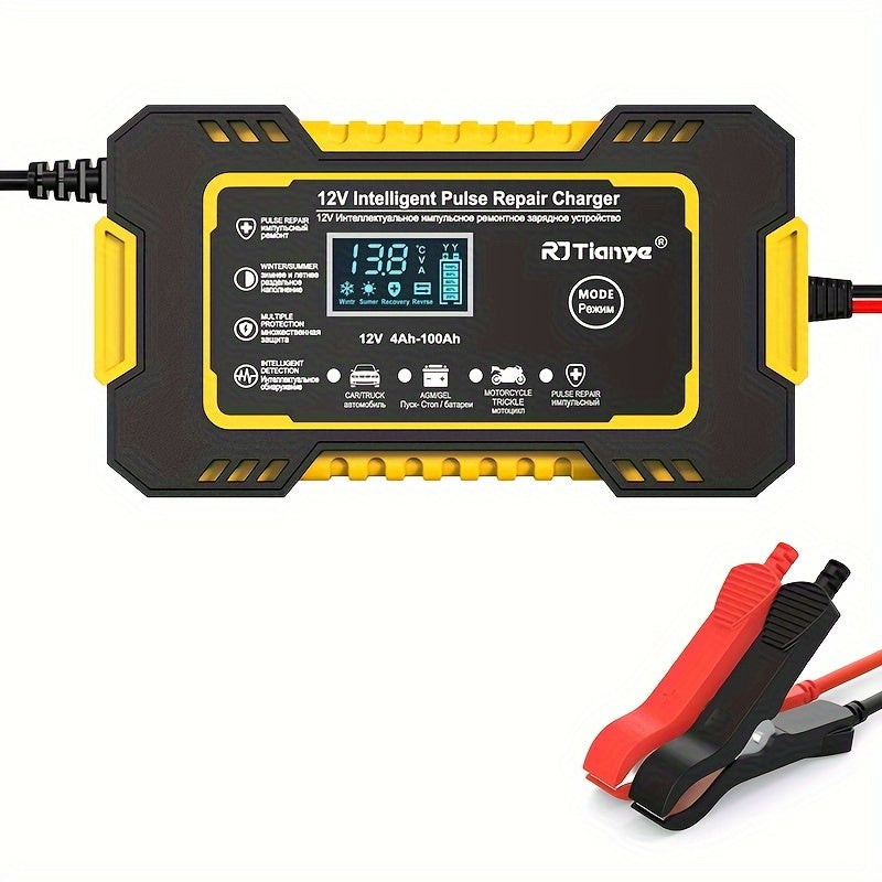 Cargador de batería para automóvil, cargador lento de batería inteligente de 12 V 2 Ah-100 Ah Desulfatador de mantenimiento de batería automotriz con compensación de temperatura