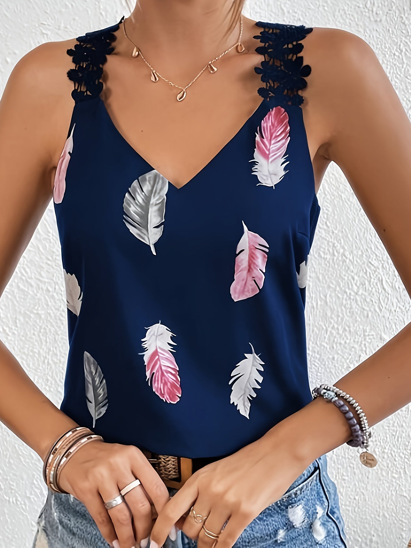 Camiseta sin mangas de encaje con estampado de plumas, camiseta sin mangas informal con cuello en V para verano, ropa de mujer