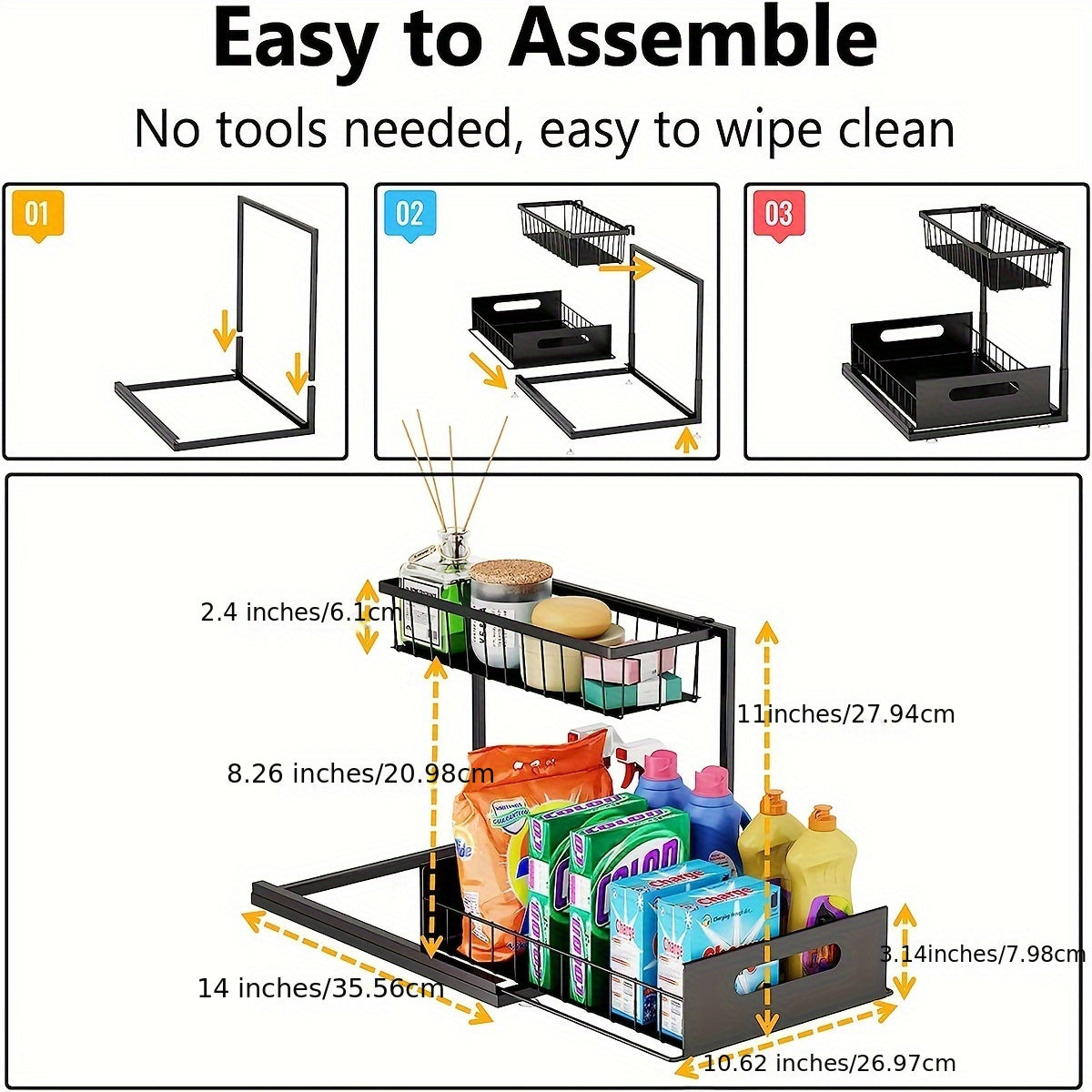 Organizador debajo del fregadero, organizador deslizable de 2 niveles para gabinete de cocina, estante de almacenamiento de baño de metal resistente