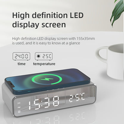 Cargador inalámbrico con reloj despertador LED, termómetro digital, auriculares, cargadores de teléfono, estación de carga rápida para iPhone y Samsung.