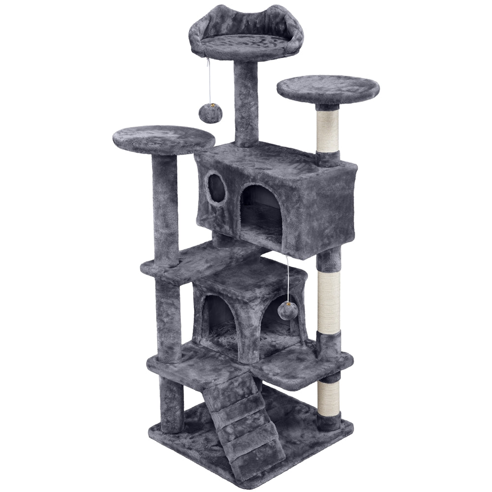 Costoffs Árbol para gatos de 54 pulgadas, torre para gatos con 2 condominios, 2 bolas colgantes y 3 postes rascadores, casa grande para gatos y gatitos