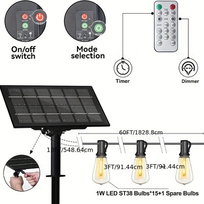 Cadena de luces solares STRIGHT de 120 pies, 100 pies, 60 pies, 57 pies y 48 pies, 25 pies, para exteriores, resistentes a la intemperie, con control remoto, bombillas LED Edison con energía solar, para exteriores, patios traseros