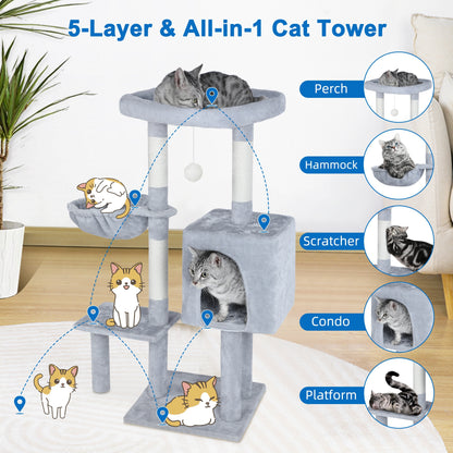 Torre de árbol para gatos de 42,5 pulgadas, árbol alto para gatos de interior, poste rascador para gatos con hamaca, casas para gatos de interior, torre para gatos grandes, gris