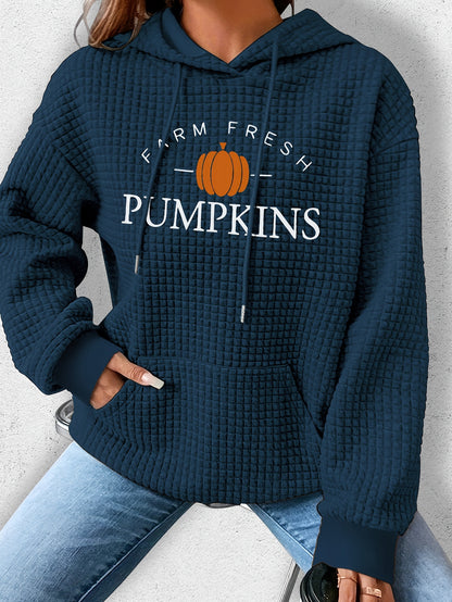 Sudadera con capucha de punto gofre acogedor para mujer con estampado de Halloween y letras: jersey informal con cordón, lavable a máquina, mezcla de poliéster y elastano