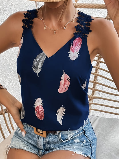 Camiseta sin mangas de encaje con estampado de plumas, camiseta sin mangas informal con cuello en V para verano, ropa de mujer