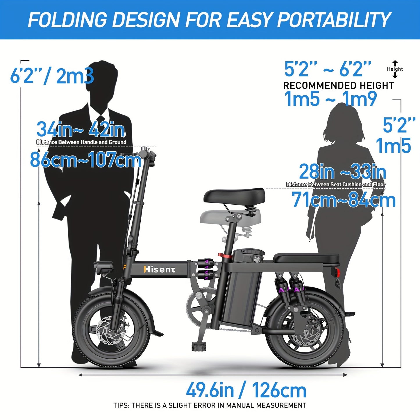 Hisent Bicicleta eléctrica para adultos, 48V 17.5AH, 20MPH 35Miles Bicicletas eléctricas de viaje para mujeres y hombres, Motor sin escobillas de pico de 500W, Neumáticos livianos de 14 '' Bicicletas eléctricas plegables, Pantalla de energía de batería