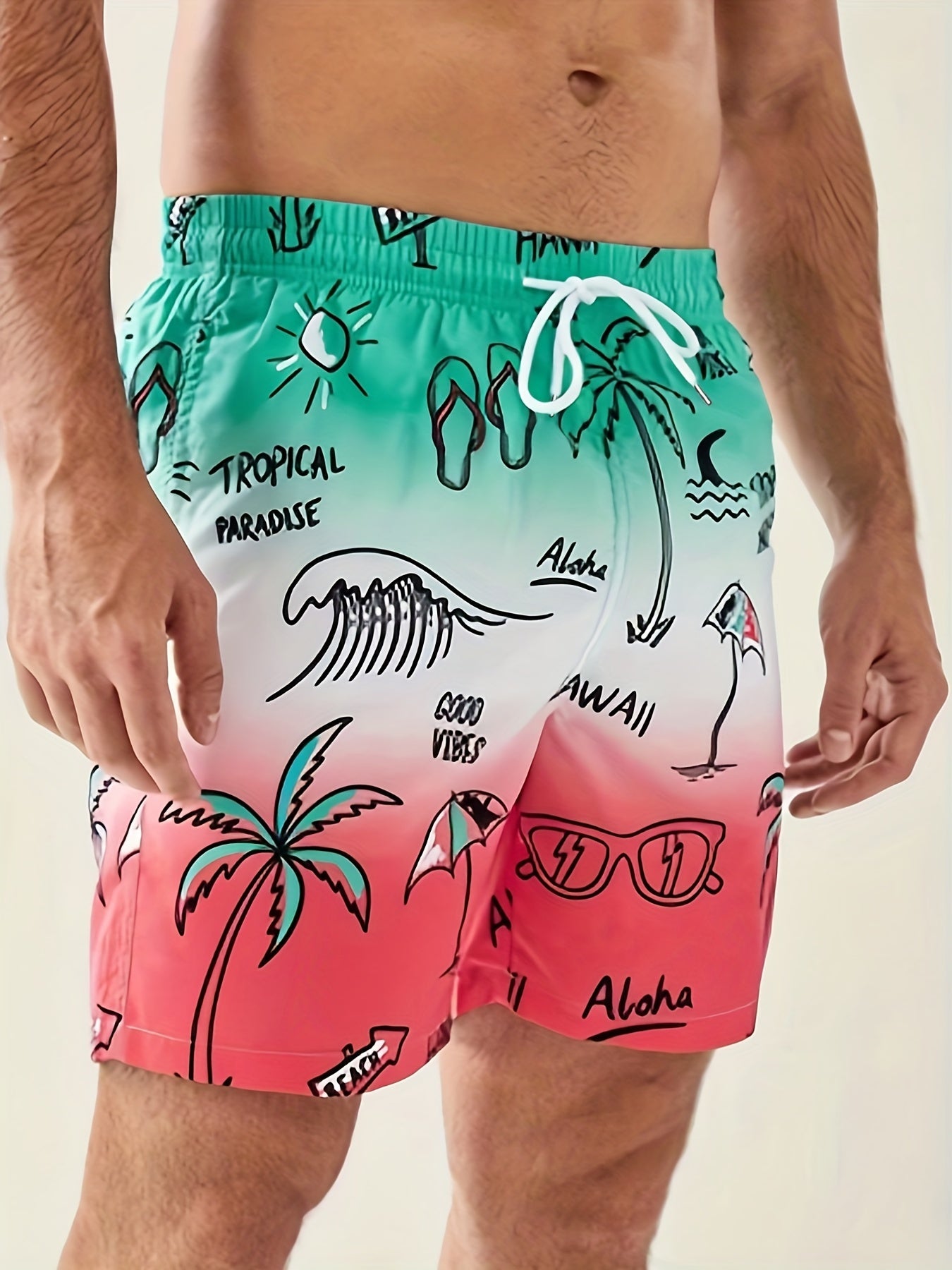 Sketch Pantalones cortos hawaianos de secado rápido para hombre con bolsillos, bañador informal con cordón gráfico para vacaciones de verano, playa, piscina al aire libre