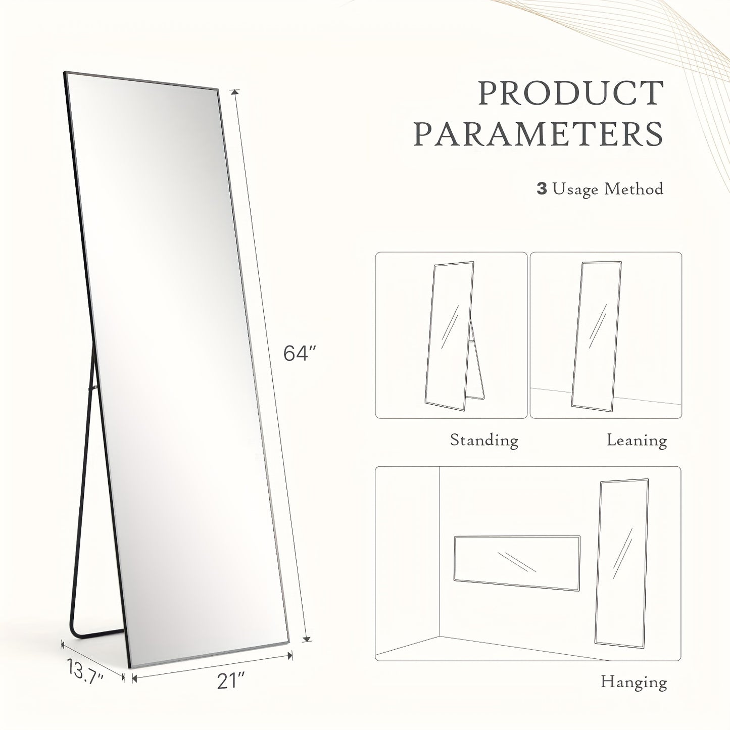 1 espejo de cuerpo entero DUMOS con soporte, espejo de piso de 64 "x 21" con marco de aleación de aluminio para dormitorio, espejo de pie de cuerpo completo con vidrio irrompible para pared, sala de estar, guardarropa