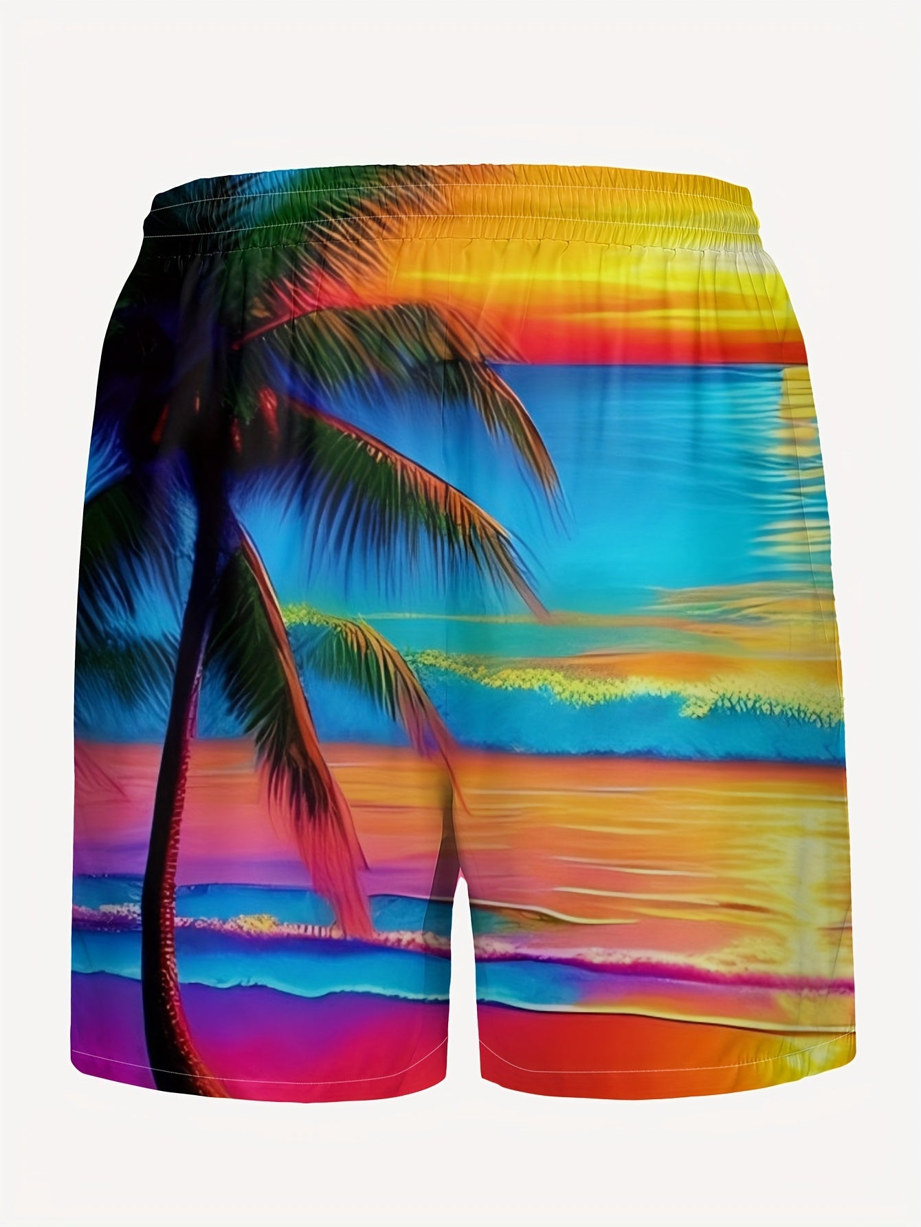 Pantalones cortos con cordón y estampado digital de cocoteros y mar para hombre, elegantes, para fiesta en la playa de verano, pantalones cortos de una sola capa sin forro de malla.