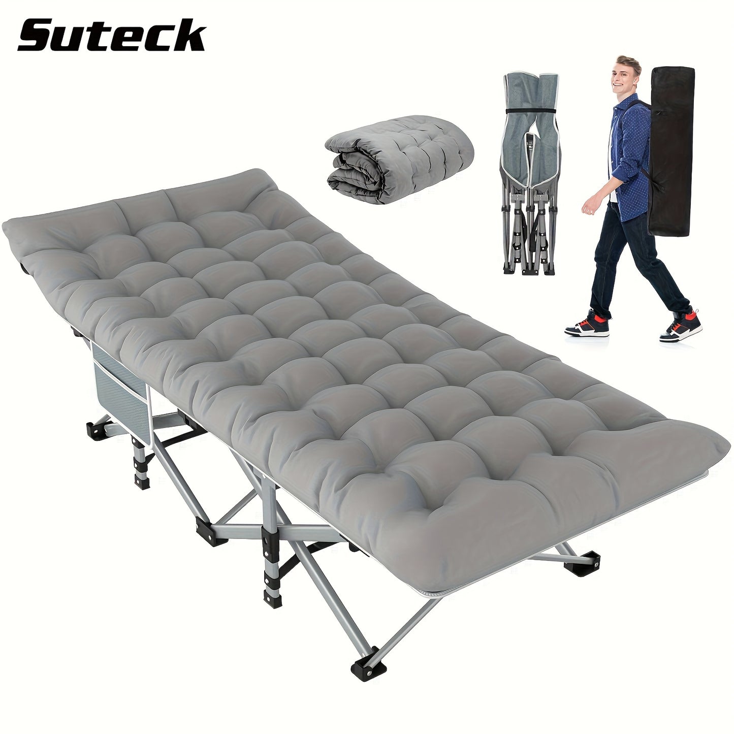 Cama plegable para acampar con colchón, cuna para dormir para adultos, cama portátil para acampar de viaje con bolsa de transporte, gris resistente