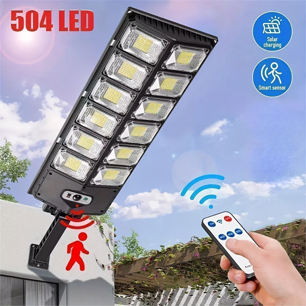 Luz solar de pared ultra brillante de 504 LED: excepcionalmente potente, sensor de movimiento, control remoto, 3 modos: ideal para espacios al aire libre, calles, jardines, garajes, patios traseros e iluminación de seguridad de puertas de entrada