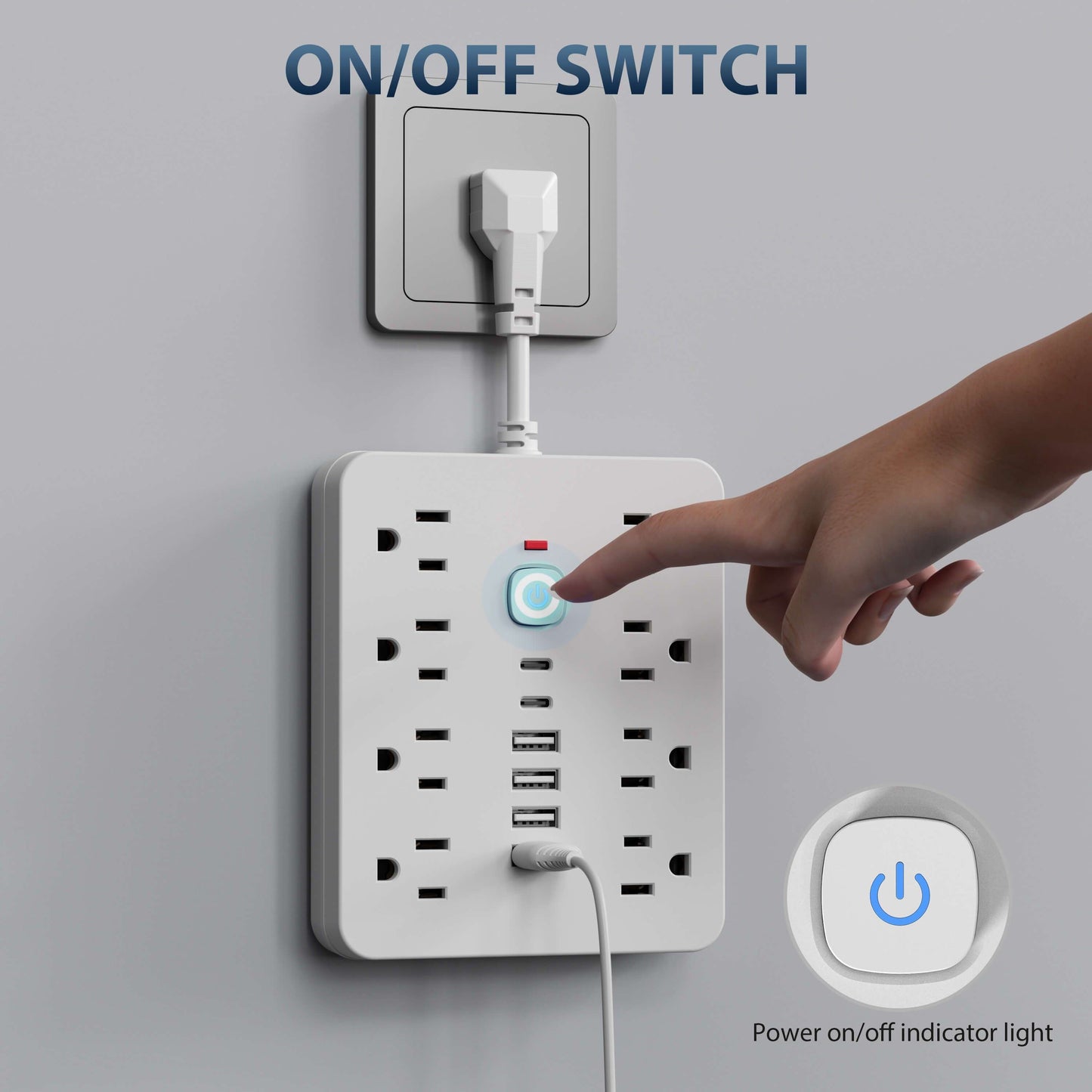 1 regleta multifuncional con interruptor y protección contra sobretensiones. Equipado con 8 tomas de corriente, 4 USB y 2 TYPE-C. Toma de corriente 14 en 1 para oficina, hogar y viajes. En blanco y negro.