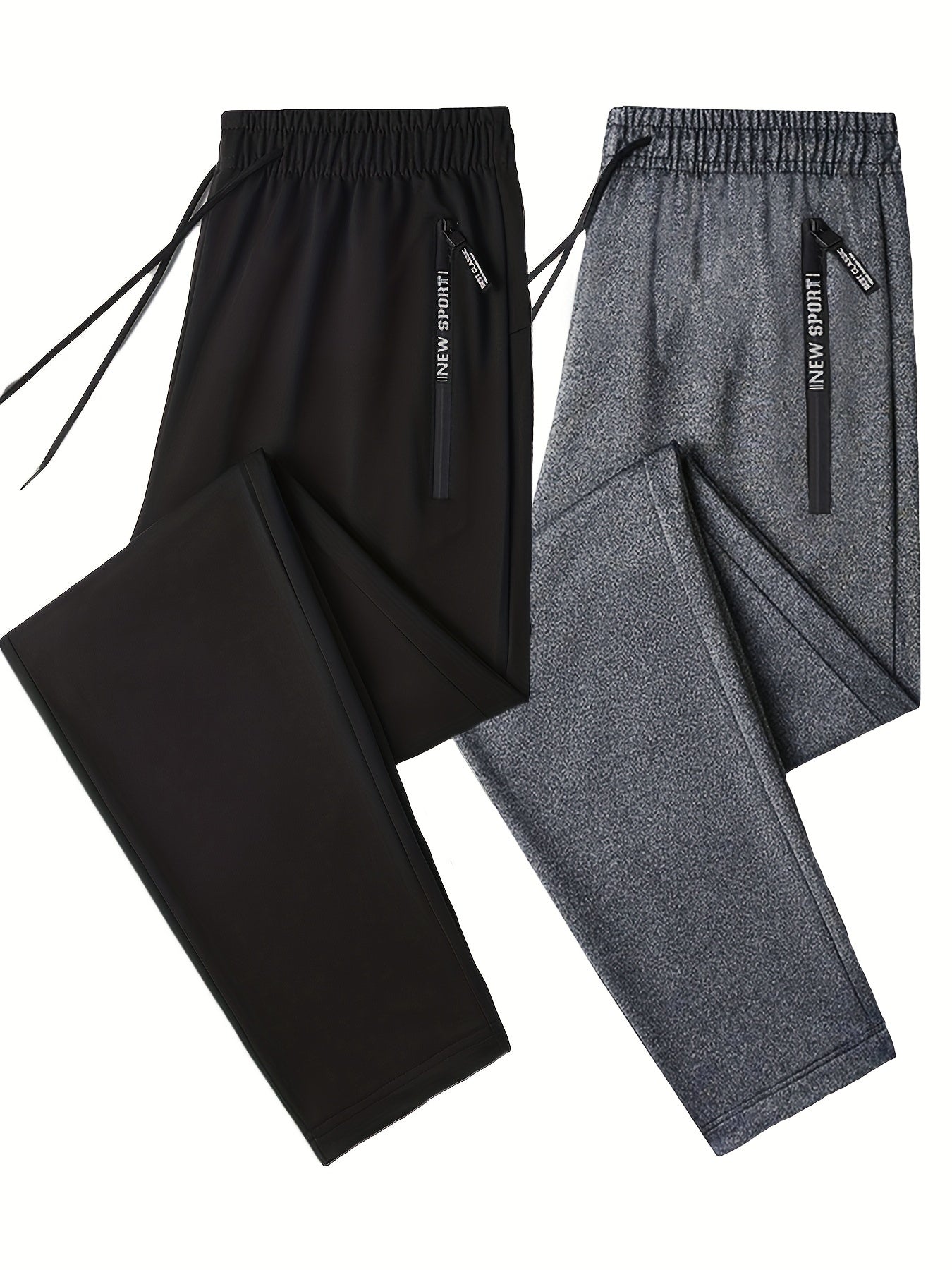 Conjunto de 2 pantalones deportivos lisos con puños y corte regular para hombre, bolsillos con cremallera y cordón con estampado de letras, pantalones deportivos para todas las estaciones, ropa deportiva y de gimnasio