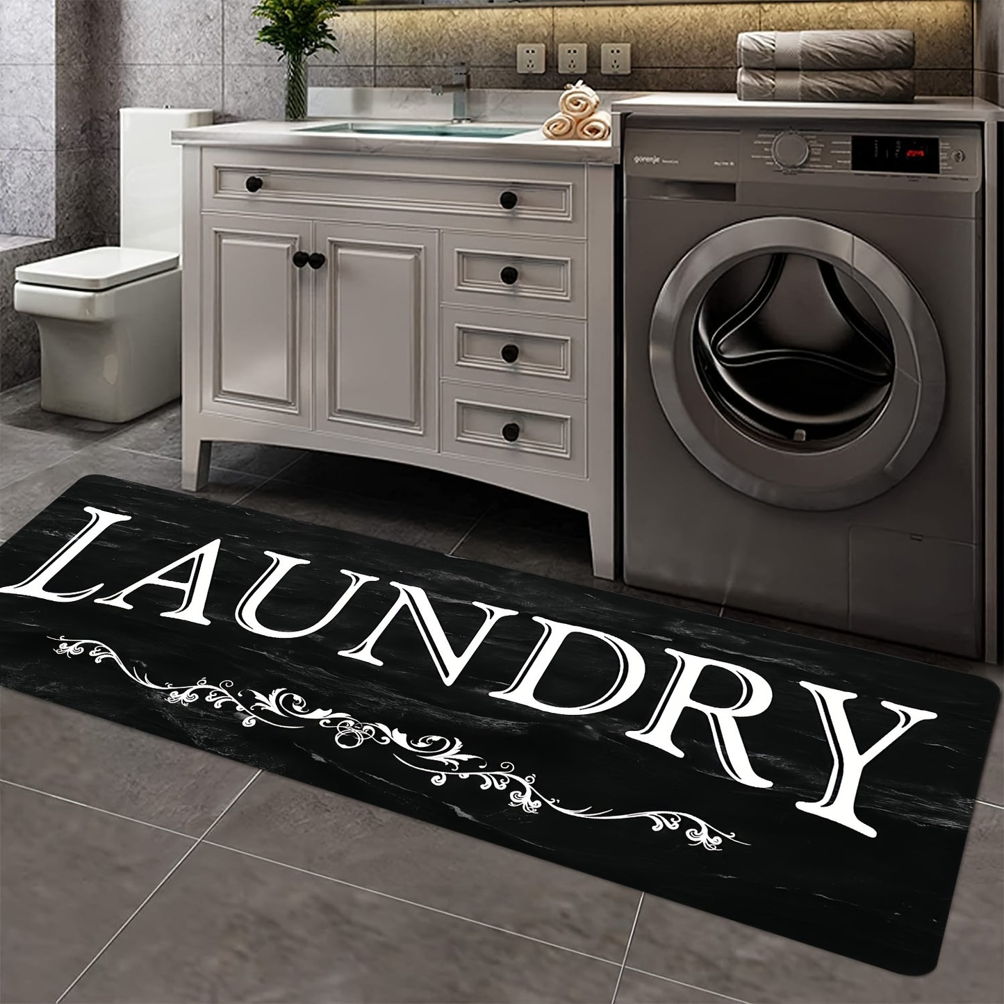 1 alfombra con patrón de texto en blanco y negro, suave y cómoda, impermeable, antideslizante, para cocina, sala de estar, dormitorio, absorbente, lavable a máquina, para cocina, pasillo, baño, lavandería