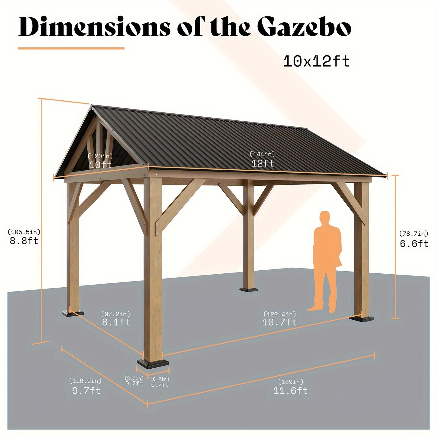 Gazebo de madera, cenador de techo rígido con techo a dos aguas de acero metálico, cenador al aire libre con casa de huéspedes para jardín, patio, porche,