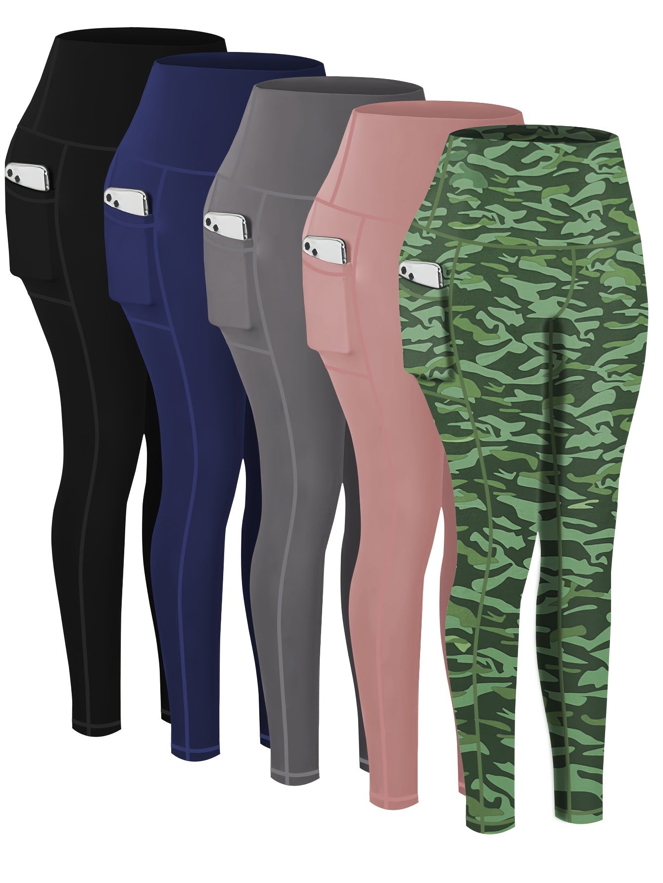 Paquete de 5 leggings deportivos de talla grande para mujer, pantalones de yoga cortos de cintura alta con bolsillos, medias de compresión para correr para primavera y otoño