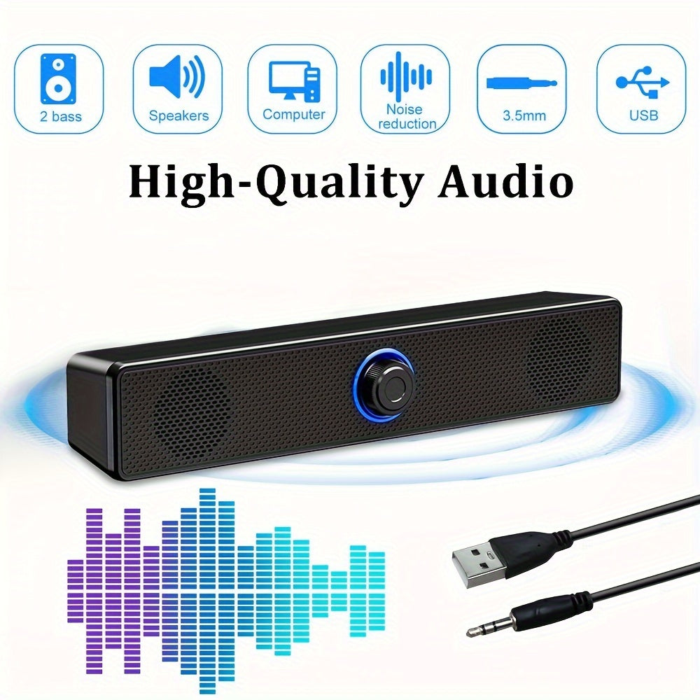 Barra de sonido de escritorio alimentada por USB, altavoz compacto de 12,4 pulgadas con conector de 3,5 mm y control de volumen, audio de alta calidad, para computadoras y portátiles, negro