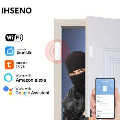 IHSNEO Tuya WiFi Sensor de ventana y puerta para el hogar inteligente, detector inalámbrico de puerta abierta/cerrada, control de vida inteligente a través de Alexa y Google Home.