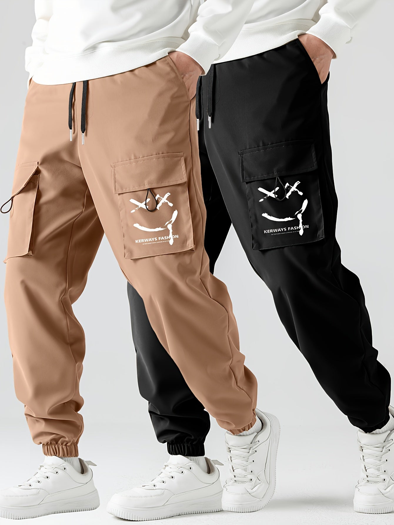 Pantalones cargo para hombre con estampado de cara sonriente, elegantes, de 2 piezas, con bolsillos, informales, transpirables, con cordón, para caminar por la ciudad, actividades al aire libre