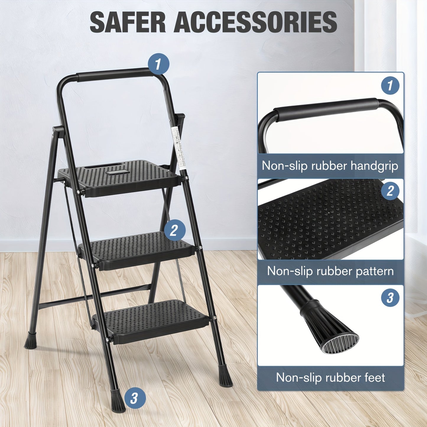 Escalera plegable Taburete plegable resistente con pedal ancho antideslizante, escalera de acero resistente de 800 libras, herramienta conveniente Taburete de acero portátil liviano, 2 escalones, 3 escalones, negro