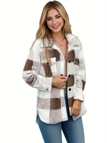 Chaqueta frontal con botones y estampado de cuadros, elegante ropa de abrigo cálido de manga larga para otoño e invierno, ropa de mujer