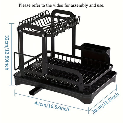 Escurridor de Platos de 2 Niveles con Bandeja de Drenaje, para Platos grandes con Soporte para Tabla de Cortar, Portavasos, Organizador de Encimera.
