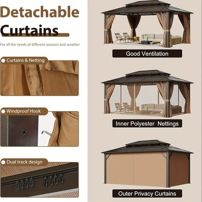 Gazebo de policarbonato para exteriores de 12 x 16 pies, cenador de techo rígido de doble techo resistente con marco de aluminio, red y cortinas para patios