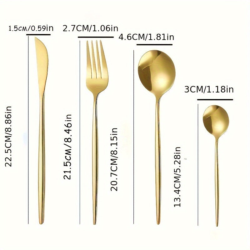 Juego de cubiertos dorados de acero inoxidable de 16 piezas: incluye cuchillo para carne, tenedor para cena, cuchara y cuchara de postre, para uso doméstico y en restaurantes.