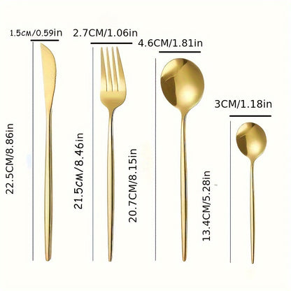 Juego de cubiertos dorados de acero inoxidable de 16 piezas: incluye cuchillo para carne, tenedor para cena, cuchara y cuchara de postre, para uso doméstico y en restaurantes.