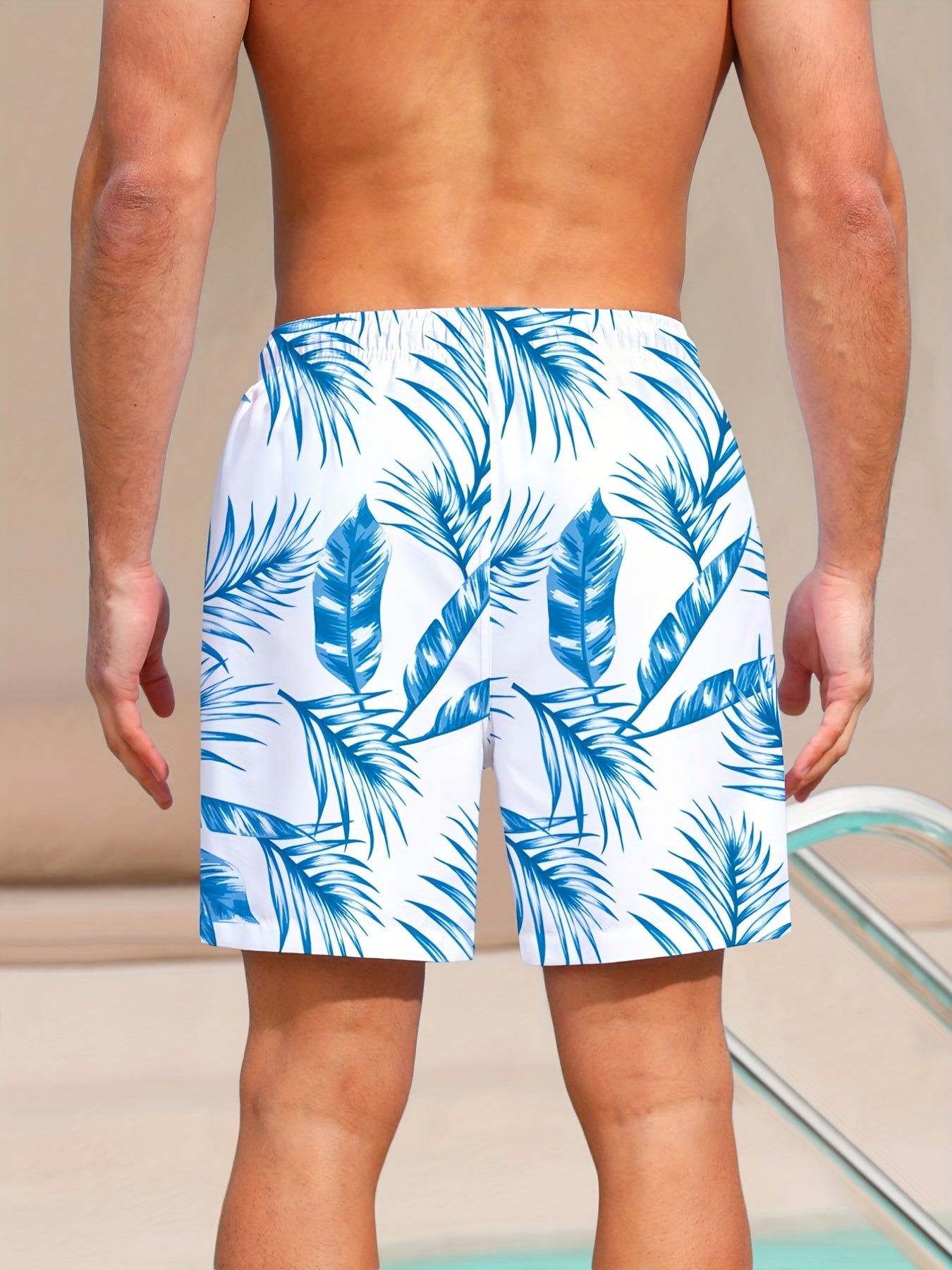 Pantalones cortos de playa para hombre, estampado de hojas tropicales de secado rápido con cordón, para vacaciones de verano en la playa y surf.