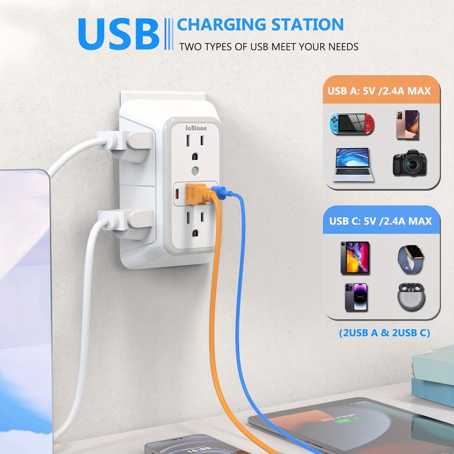 JcBlaon Protector contra sobretensiones de 6 tomacorrientes con 4 puertos USB - Cargador de pared para el hogar, la oficina, viajes | Diseño de enchufe múltiple.