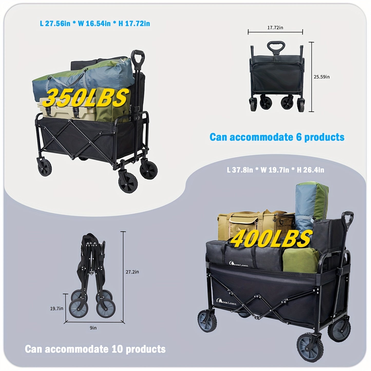 Carretilla plegable para llevar aperitivos, carritos de playa, portátil de gran capacidad para compras deportivas, Camping, carreta estable y resistente