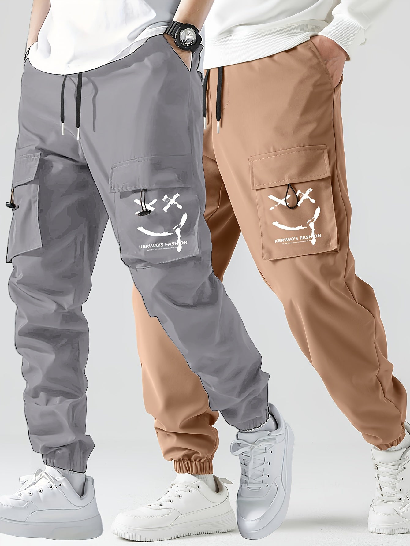 2 piezas de jogging tipo cargo con diseño de cara sonriente y elegante para hombres con bolsillos, ropa inferior informal con cordón transpirable para hombres para caminar por la ciudad, colgar en la calle y actividades al aire libre