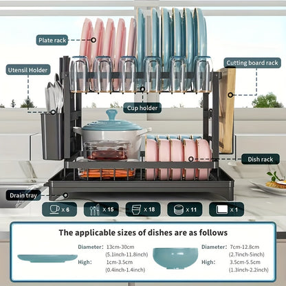 Escurridor de platos, soporte para utensilios de 2 niveles, escurridor de platos de cocina a prueba de óxido con escurridor y soporte para utensilios para encimera de cocina, accesorios de cocina